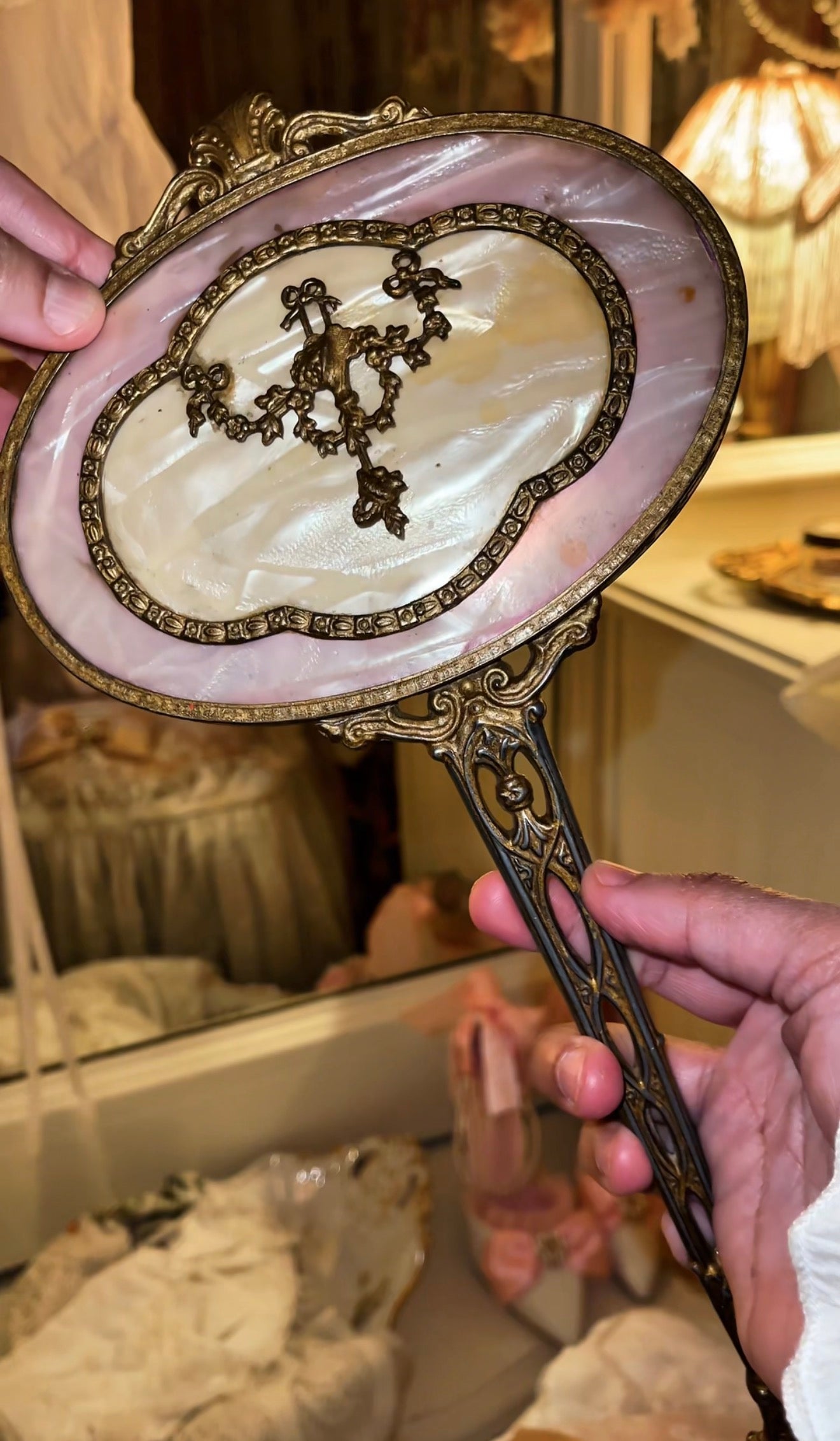 Vintage Mother-of-Pearl Rococo Hand Mirror